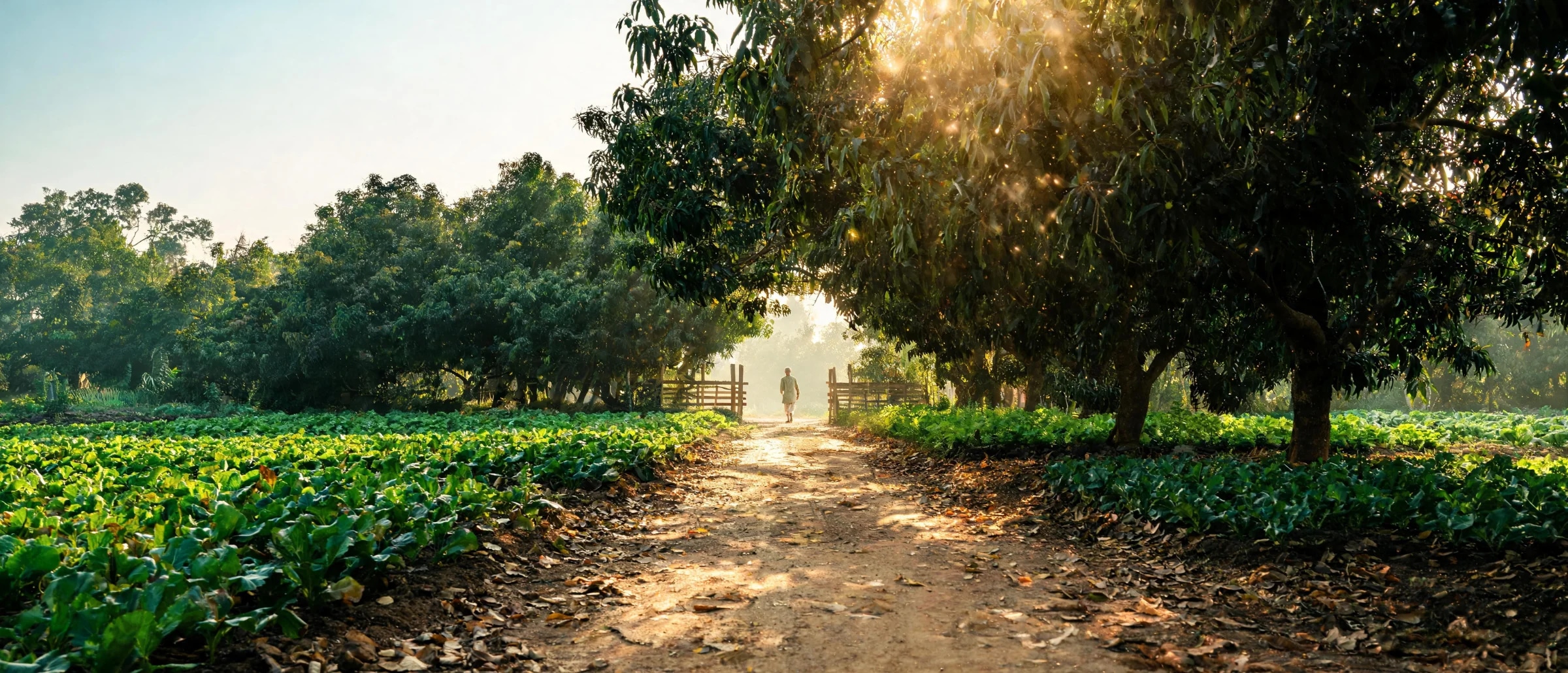Pathway through a North Bengal organic farm at golden hour