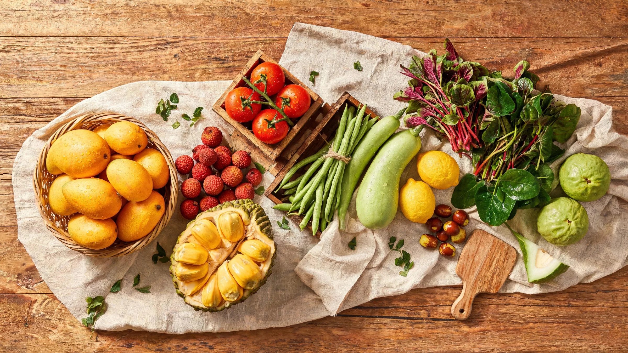 Overhead flat-lay of fresh organic produce from NBAFL